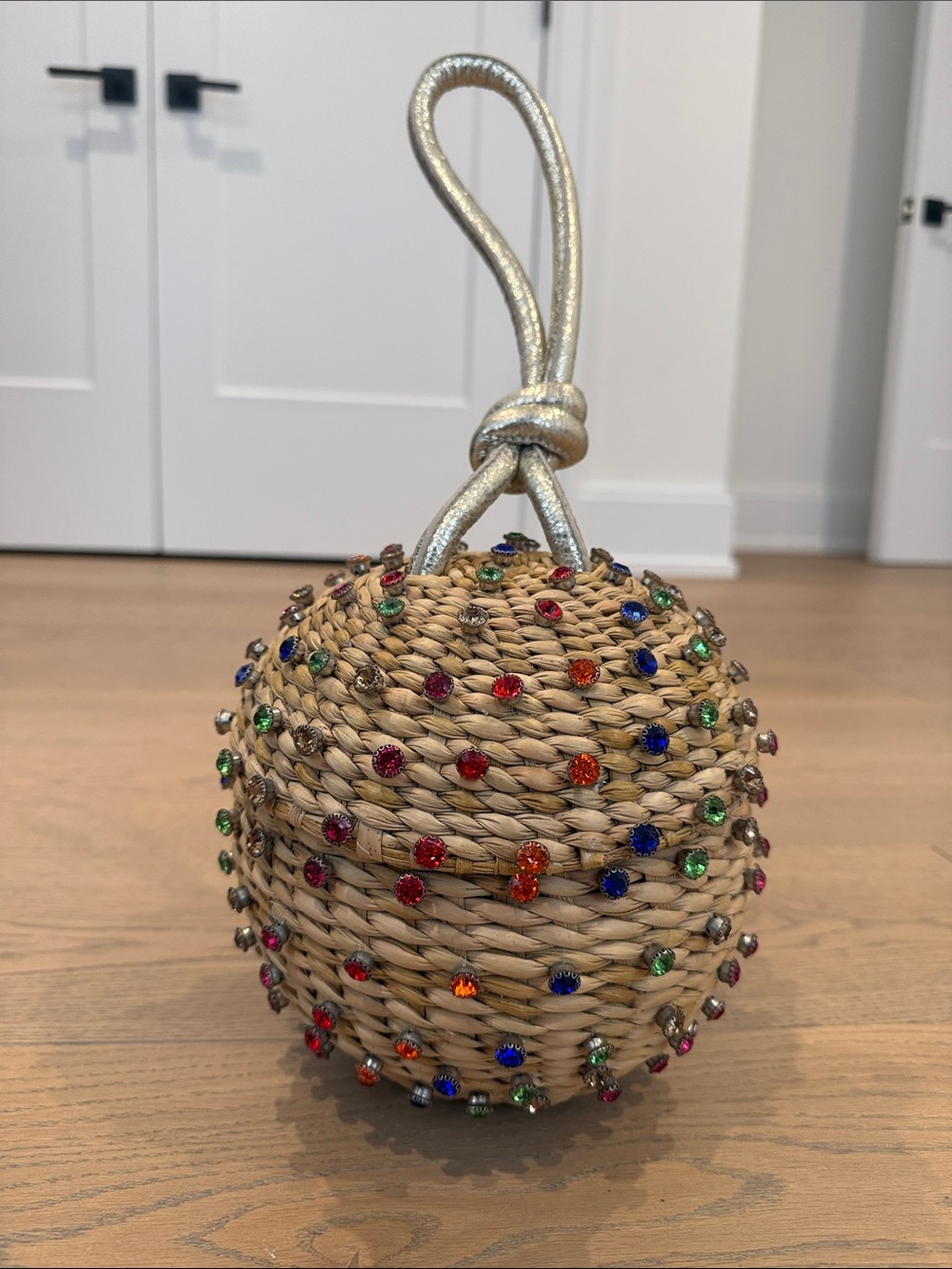 Embellished Straw Wristlet Clutch in Natural with Multicolor Gems